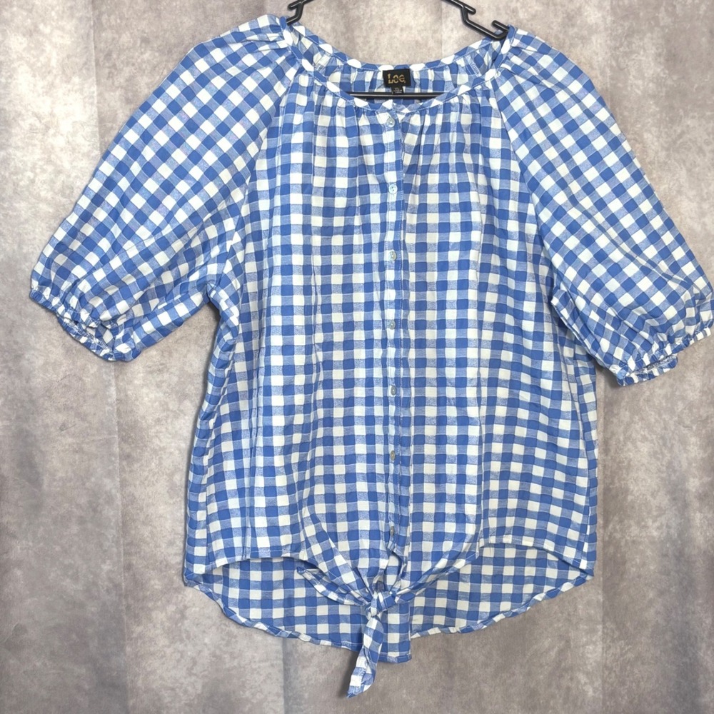 Lee Gingham Button Up Top Womens Size XL Blue Cottagecore